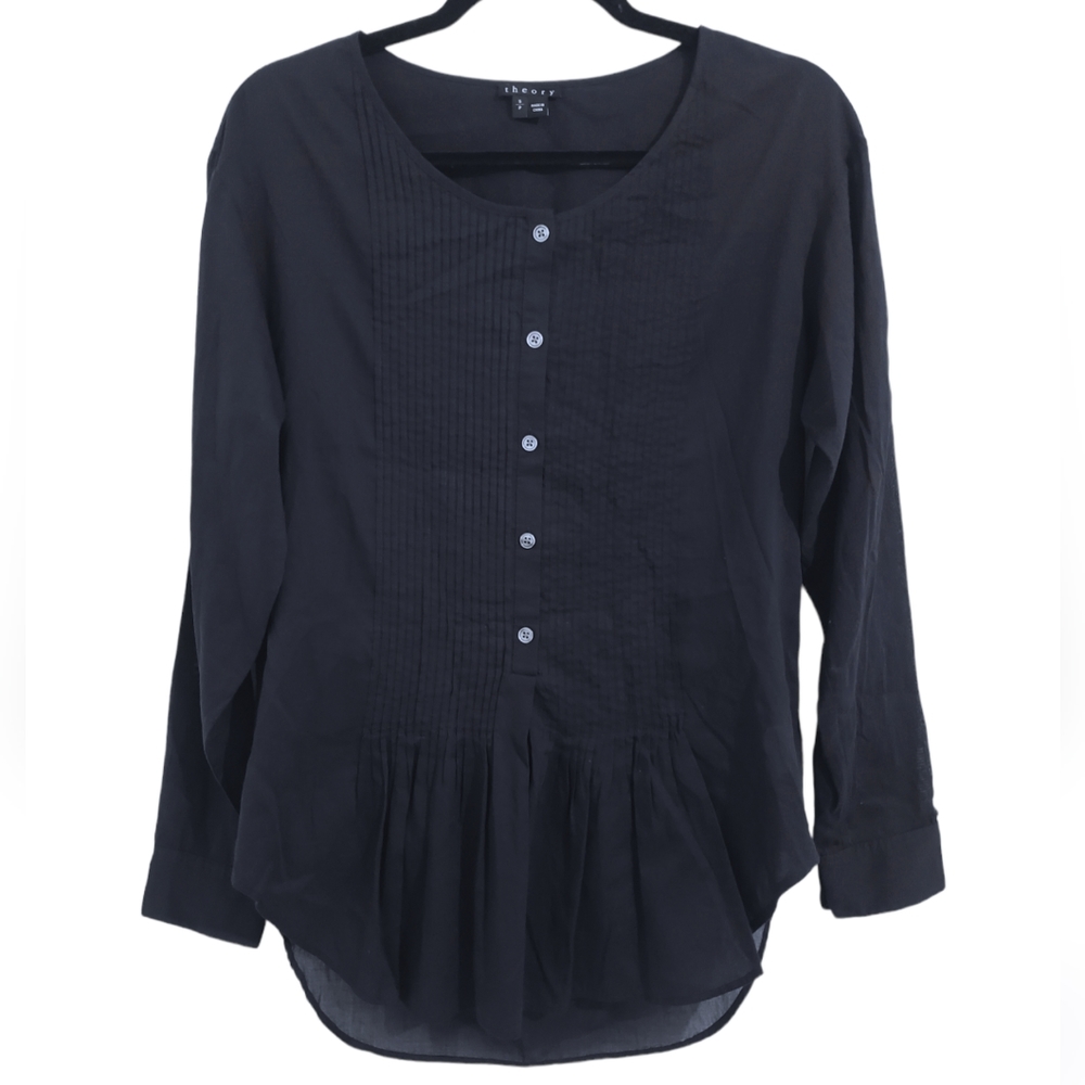 theory navy semi sheer pintuck cotton longsleeve blouse S